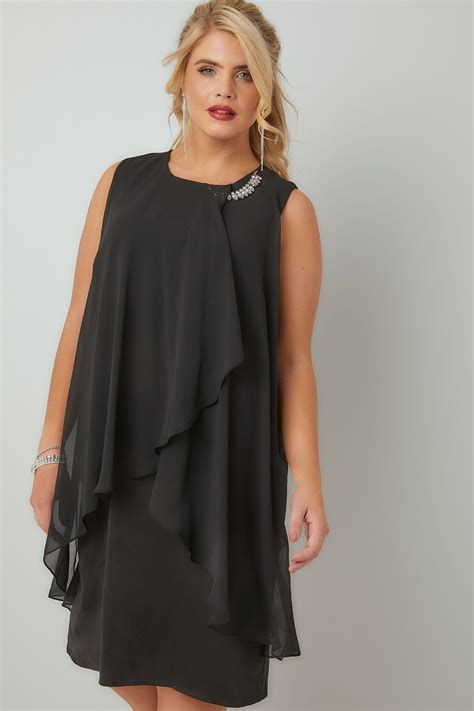Black Layered Front Dress With Detachable Diamante Trim Plus Size 16 To 36
