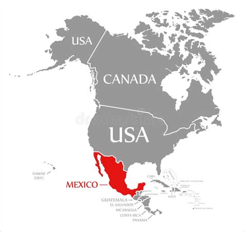 Mexico Red Highlighted In Map Of North America Stock Illustration