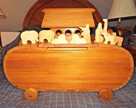 3 Rolling Wooden Noahs Ark Huge Toy Storage Chest W Wood Figures Ebay