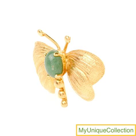 14k Yellow Gold Vintage Green Jade Butterfly Brooch P Gem