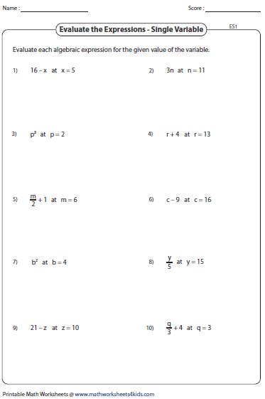 Evaluating Algebraic Expression Worksheets