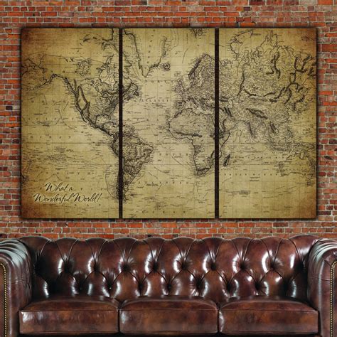 Golden Brown Vintage World Map Wall Art 3 Panel Holy Cow Canvas