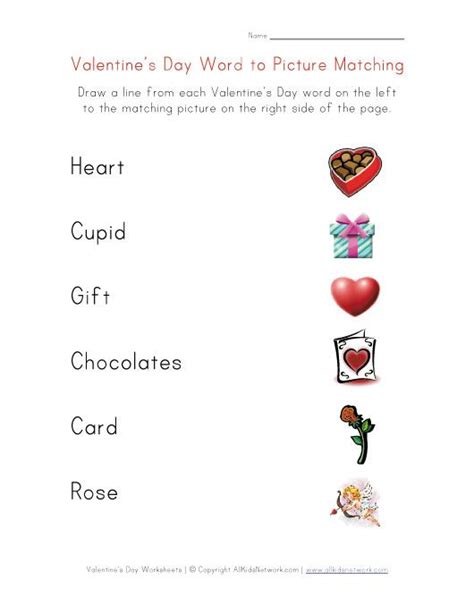 Matching Worksheets Worksheets For Kids Valentines Day Words