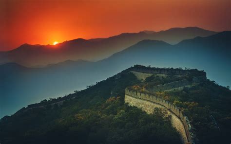 Nature Landscape Great Wall Of China Sunset Mountain Mist Red