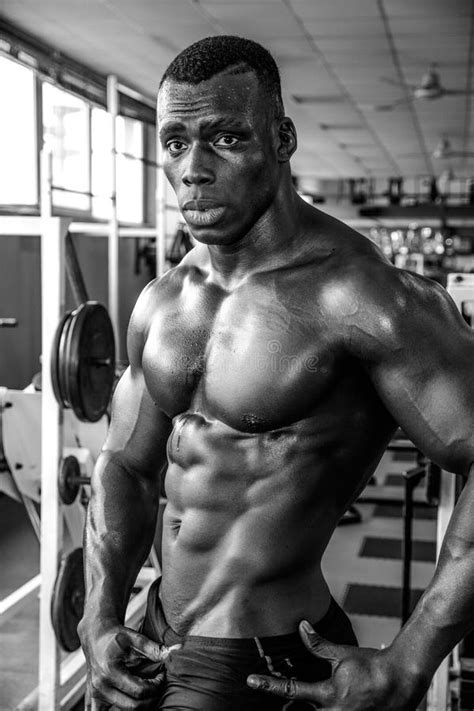 Attractive Hunky Black Male Bodybuilder In Gym Stock Image Image Of