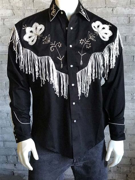 Rockmount 6723 Mens Vintage Fringe Embroidered Western Shirt Black J