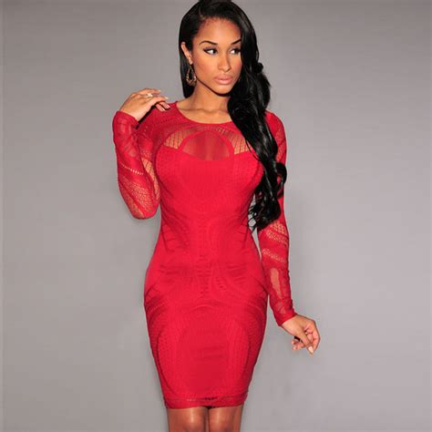 Red Long Sleeve Sexy Club Dress 2015 O Neck Packge Hip Women Bodycon