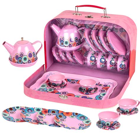 Unih Tea Party Set For Little Girls Kids Tea Set Pretend Toy Tin Tea