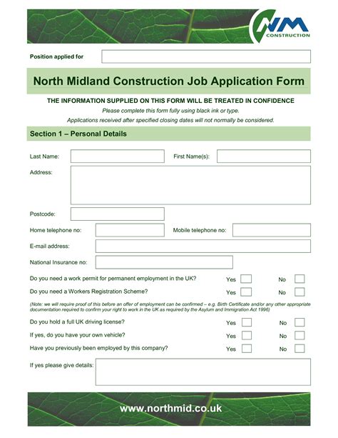 Construction Job Application Form Templates At Allbusinesstemplates