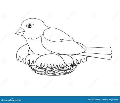 Bird Sits On A Nest Vector Linear Picture For Coloring A Small Bird