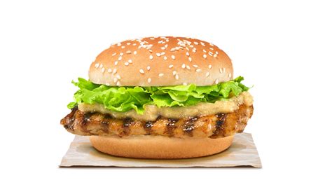 The hainanese tendergrill chicken features perfectly grilled chicken thigh patty generously layered in ginger sauce for a flavourful kick, as well as fresh greens sandwiched between two sesame seed buns. BURGER KING® Hainanese Tendergrill™ Chicken