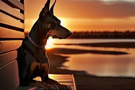 Doberman Pinscher Sitting On Deck With View Of The Sunset Stock Image