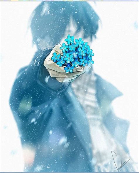 Anime Guy Holding Some Blue Flowers Beautiful Blue Anime Art Anime