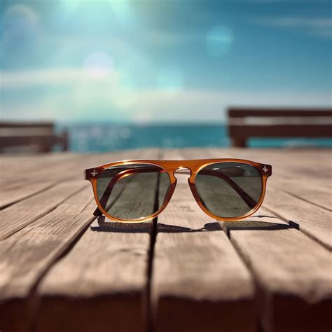 premium ai image sunglasses on wooden table by sea generative ai