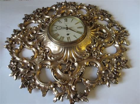 Syroco Rococo Style 8 Day Clock Mid Century Golden Wall Decor Clock