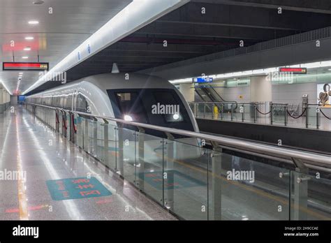 Shanghai China January 02 2017 Shanghai Transrapid Maglev Magnetic Levitation Train Departs