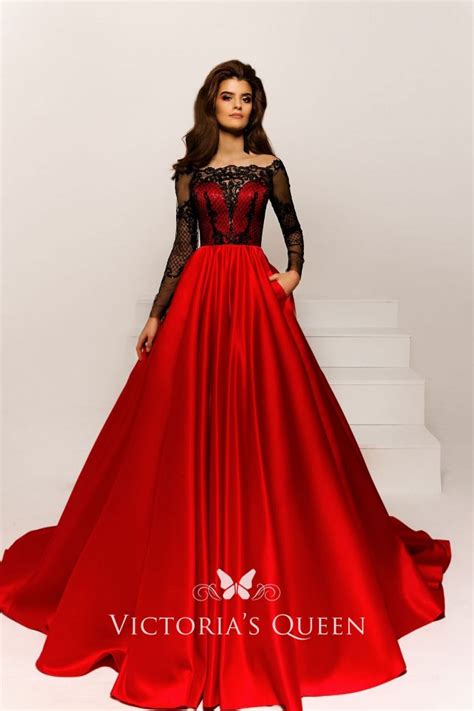 red satin prom ball gown with off the shoulder long sleeve black illusion lace top vq