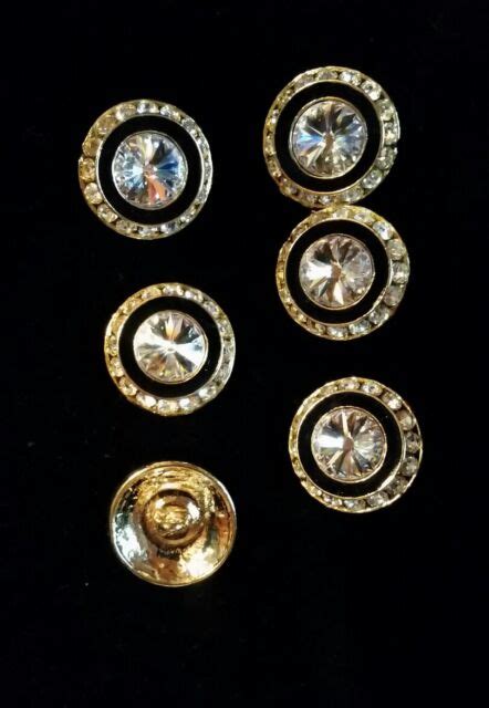 6 Crystal Clear Rhinestone And Black Enamel Buttons Shank78 On Gold