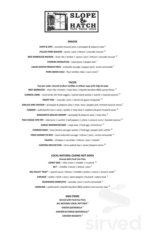 Slope & Hatch menu in Glenwood Springs, Colorado, USA