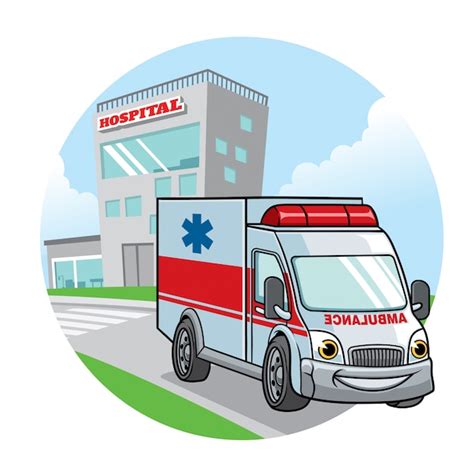 Voiture Dambulance De Dessin Animé Avec Bâtiment De Lhôpital Sur Le