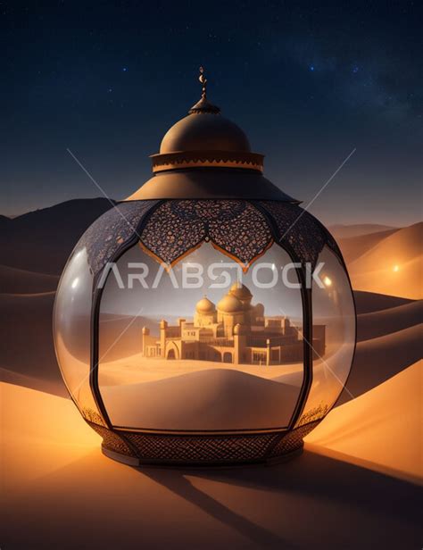 اكسسوارات وتحف شهر رمضان المبارك خلفية ثري دي لمسجد في الصحراء ليلا مجسمات ثلاثية الابعاد