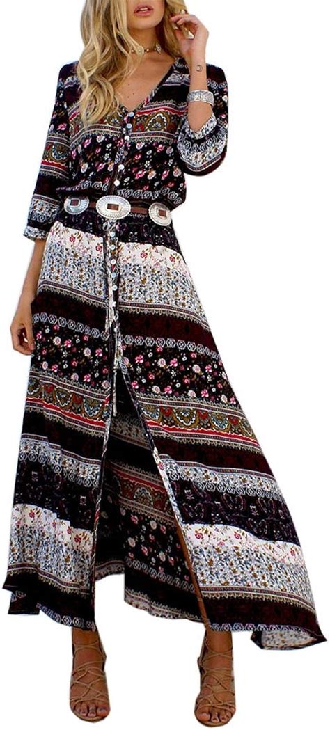 women s v neck 3 4 sleeve bohemian summer dresses split floral print long maxi dress