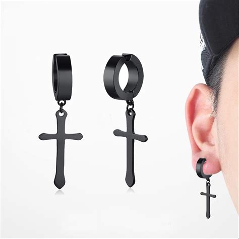 Aliexpress Com Buy 1 Pair Men S Cross Hoop Earrings In Black