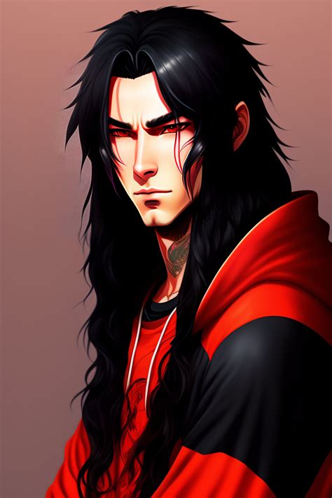 Lexica Anime Young Adult Man With Really Long Black Hair Red Eyes