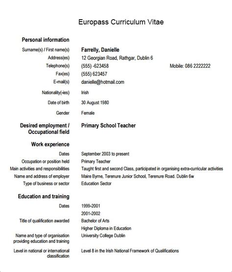 Free download europass cv template in word format. FREE 6+ Sample Europass Curriculum Vitae Templates in PDF ...