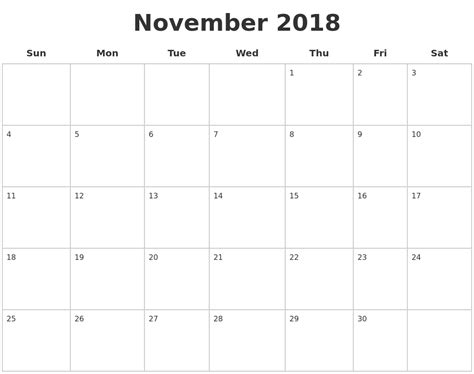 November 2018 Blank Calendar Pages
