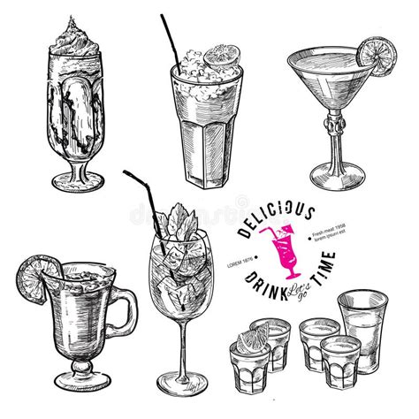 Hand Drawn Sketch Set Of Alcoholic Cocktails Stock Vector