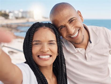Love Selfie And Portrait Of Black Couple At The Beach Enjoying Summer