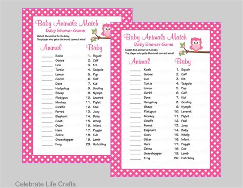 Baby Animals Match Game Printable Baby Shower Game Baby Girl Shower