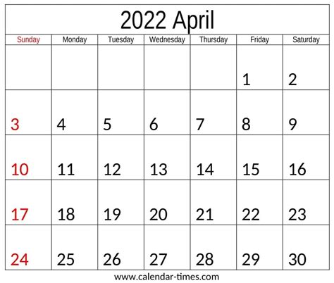 Free Printable April 2022 Calendar With Holidays Calendar Times