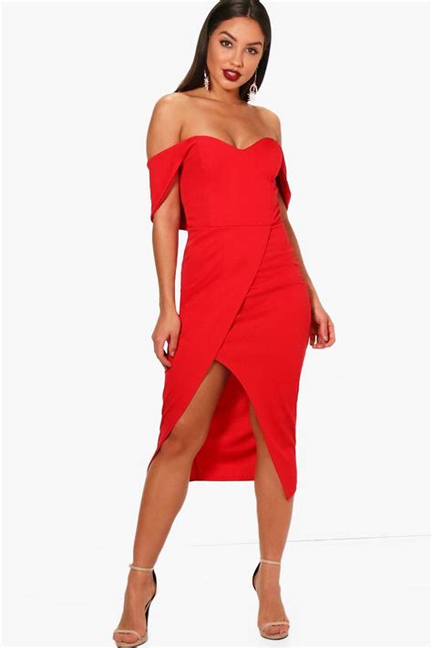 buy off the shoulder red midi dress in stock