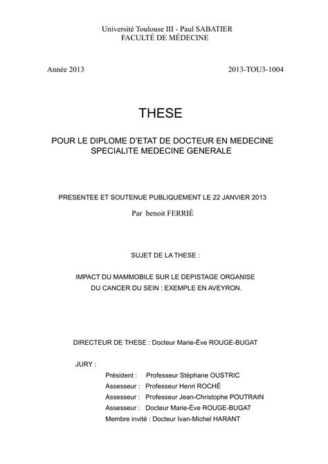 These Pour Le Diplome Detat De Docteur En Medecine Specialite Medecine