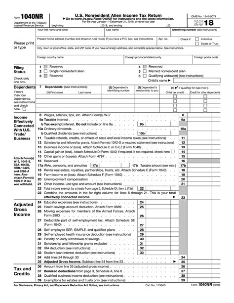 Electronic Irs Form 1040 Nr 2018 2019 Printable Pdf Sample 2021 Tax