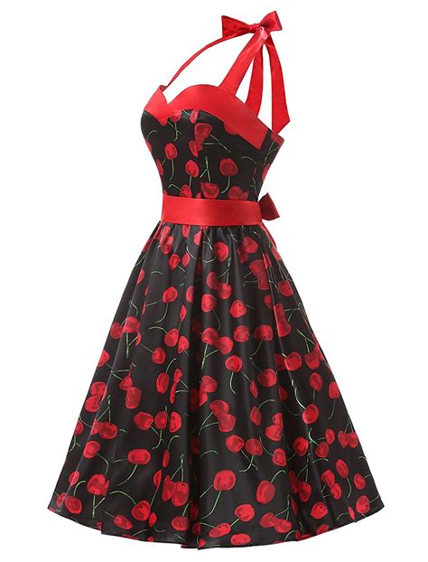 50s Fashion Vintage Style Halter Black Cherry Print Retro Dress On Luulla