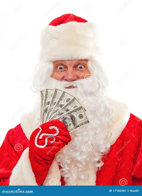 Santa Claus With The Money In The Hands Of Stock Image Image Of Stare