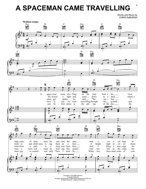 A Spaceman Came Travelling Sheet Music Chris De Burgh Piano Vocal