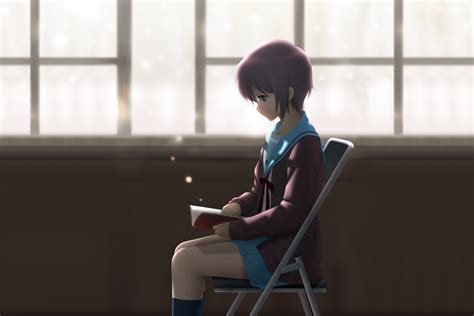 Wallpaper Window Anime Girls Glasses Sitting Winter Books Chair