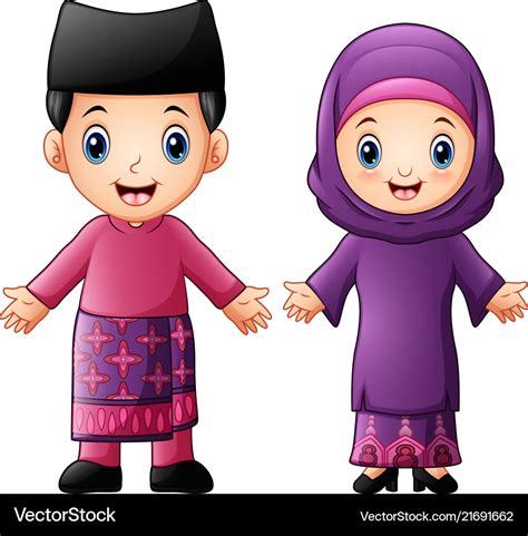 Cartoon Brunei Couple Wearing Traditional Costumes