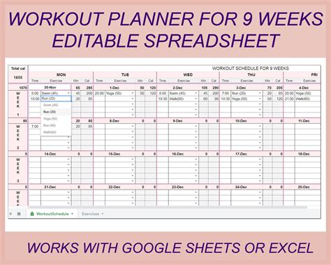 Digital Workout Planner Workout Schedule Excel Workout Fitness Planner