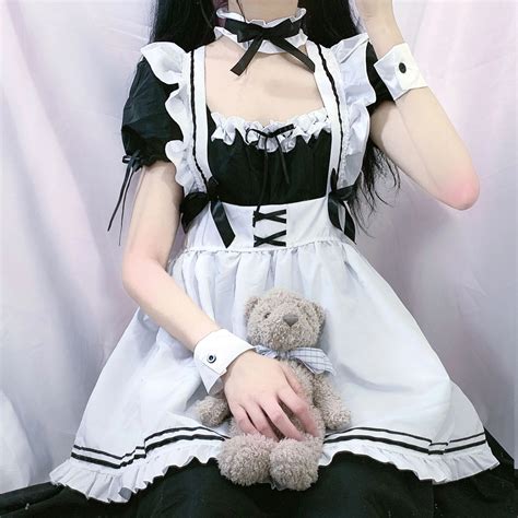 Black Cute Lolita Maid Costumes French Maid Dress Girls Woman Amine