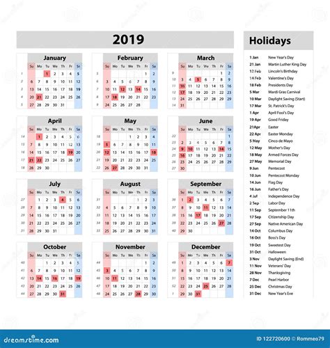 Vector Simple Calendar 2019 One Year At A Glance Starts Monday With