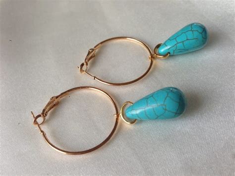 Ariel Large Gold Hoops With Turquoise Drops Handmade Etsy