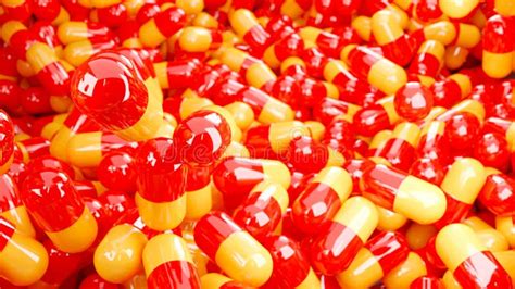 Spread Of Many Capsule Pills Red And Yellow Capsule Background Of
