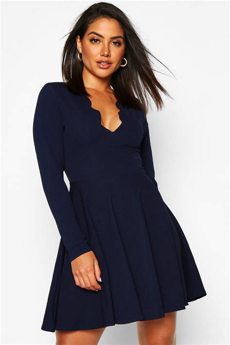 Boohoo Satin Womens Long Sleeved Scallop Plunge Skater Dress In Navy