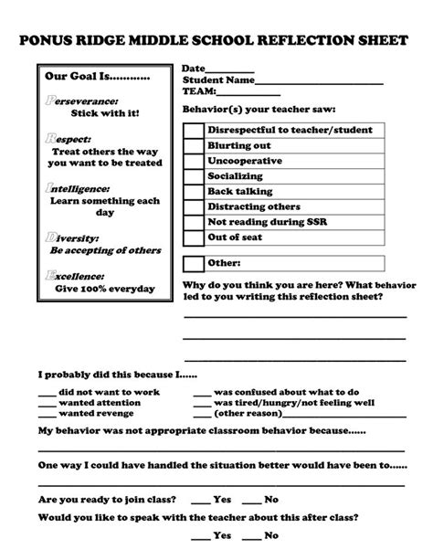 School Reflection Sheet Ponus Ridge Middle School Reflection Sheet