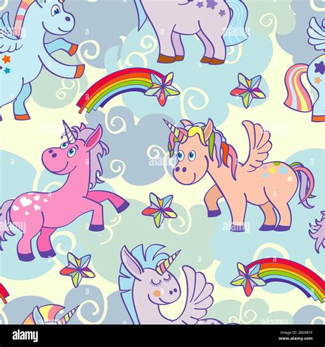 Pastel Colored Vector Hand Drawn Unicorns Seamless Pattern Background